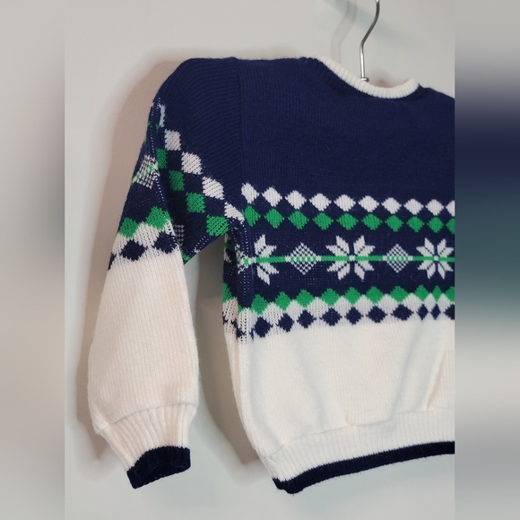 Vintage Retro 80s 90s Bull Frog Navy Blue Green White Snowflake Abstract Sweater - Picture 8 of 8